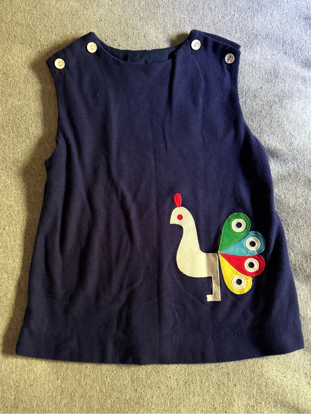 Vintage Navy Girls Peacoat-Style Top with Colorful Peacock Appliqué